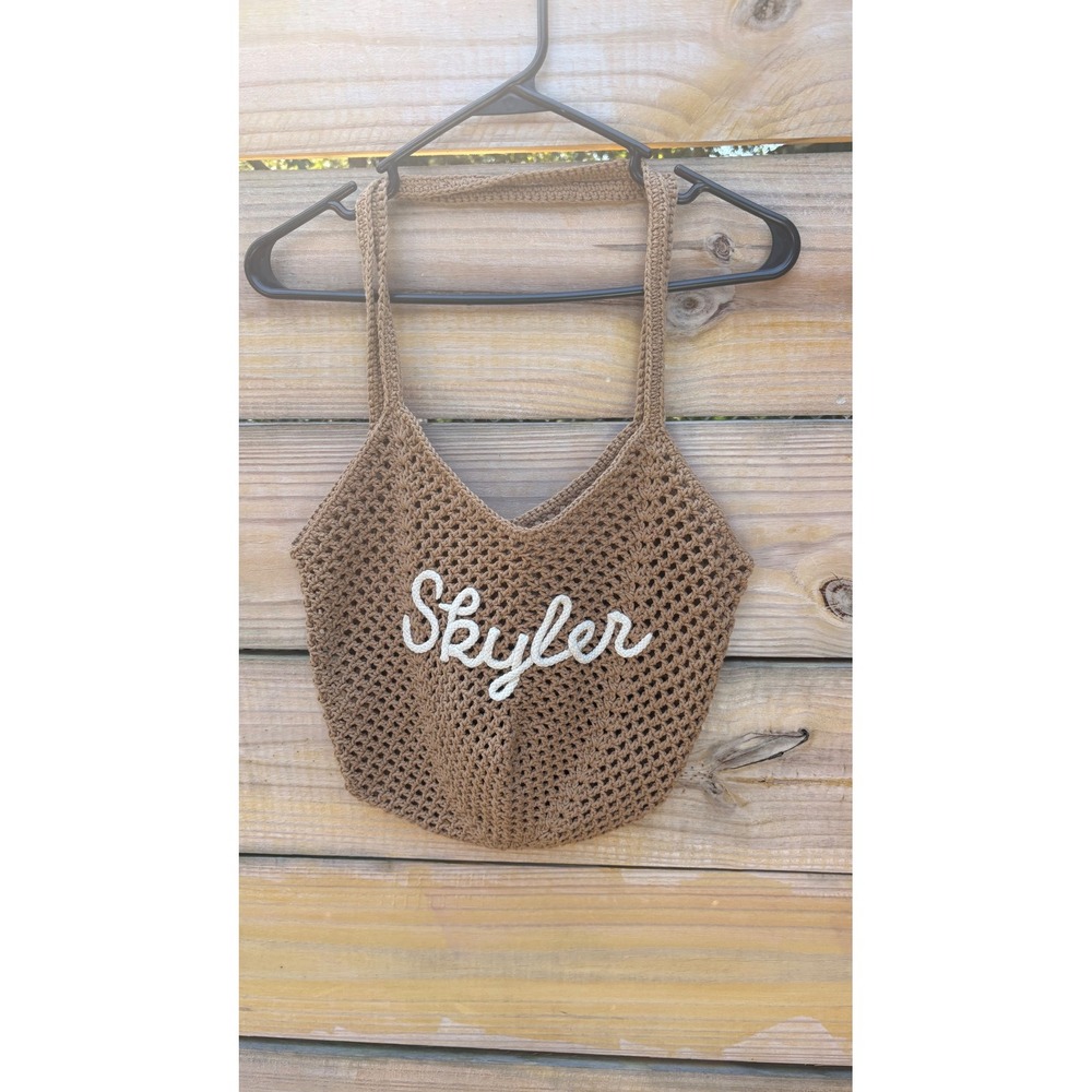 Handmade Skyler Personalized Crochet Tote Bag Tan Mesh Knit Boho Shoulder Bag